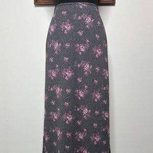 Carole Little Straight Maxi Skirt Women's 12 Gray Pink Floral Side Slit VTG